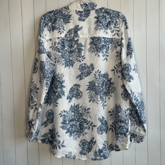 Rachel Zoe size L long sleeve button up shirt 100% linen white blue floral - Picture 7 of 12